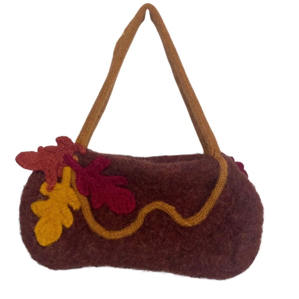 Felted Wool Shoulder Bag Womens Purse Mohair Fall Autumn Leaf Motif Boho Hippie